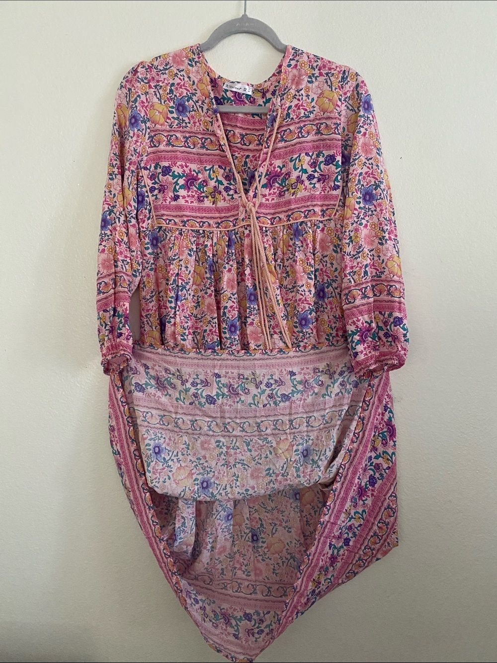 R VIVIMOS Bohemian Pink Floral Tie-Front Midi Dress. Size S - Picture 4 of 9